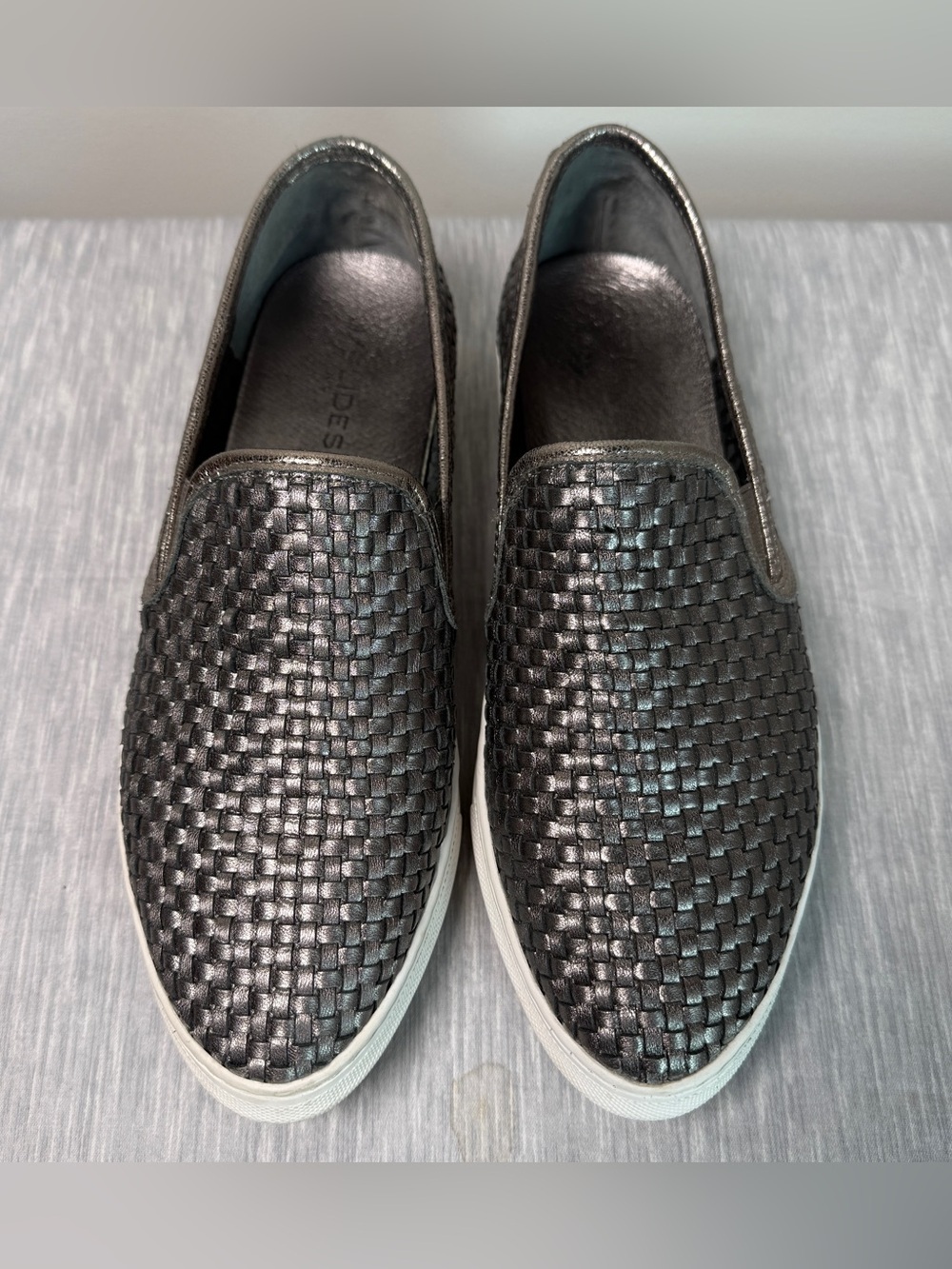 J/Slides Calina Woven Metallic Leather Slip-On Sneaker Gunmetal Quiet Luxury 9